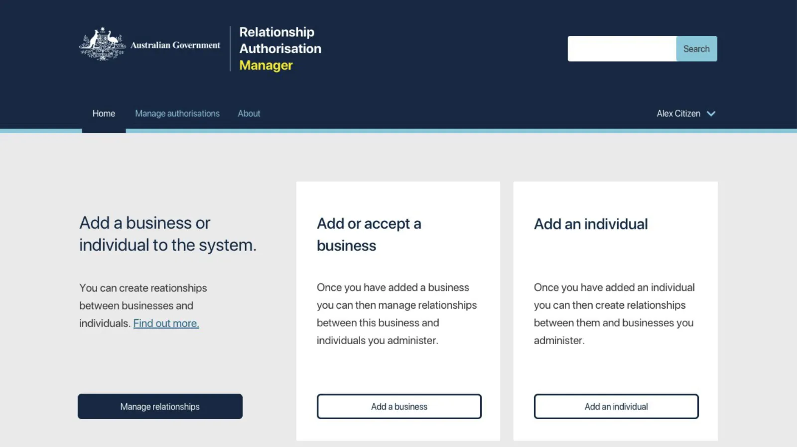 The redesigned Relationship Authorisation Manager home screen, offering to add a business or an individual