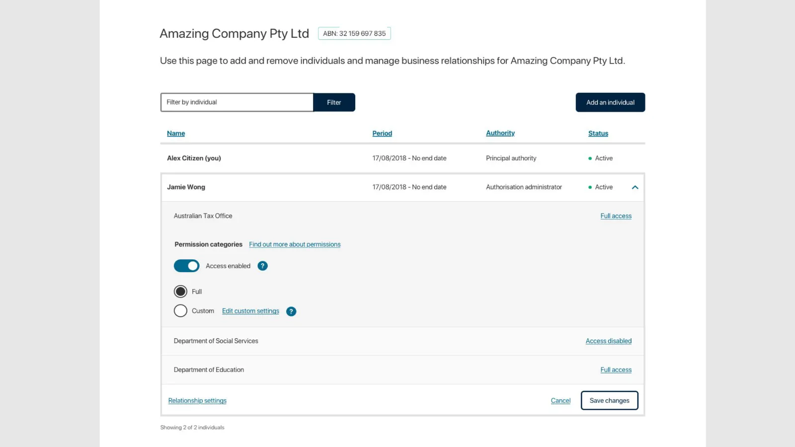 The redesigned permissions screen, showing an individual's access to each government agency